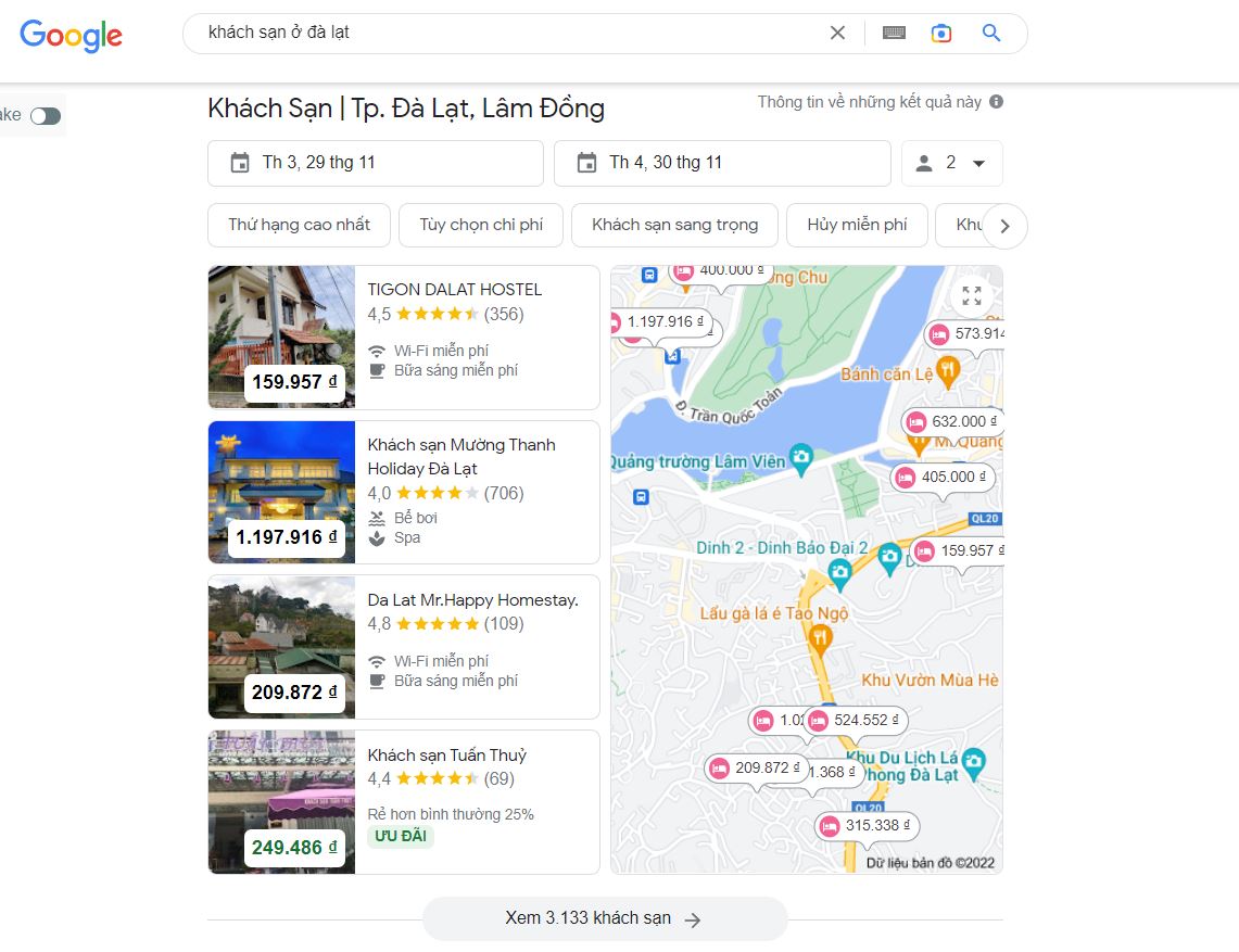 Google Maps xuất hiện trên tìm kiếm Google với từ khóa Khách Sạn Đà lạt