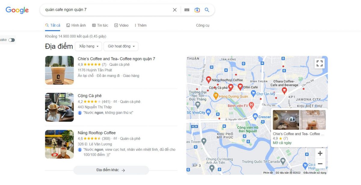 Quán Cafe ngon tại quận 7 xuất hiện trên tìm kiếm Google
