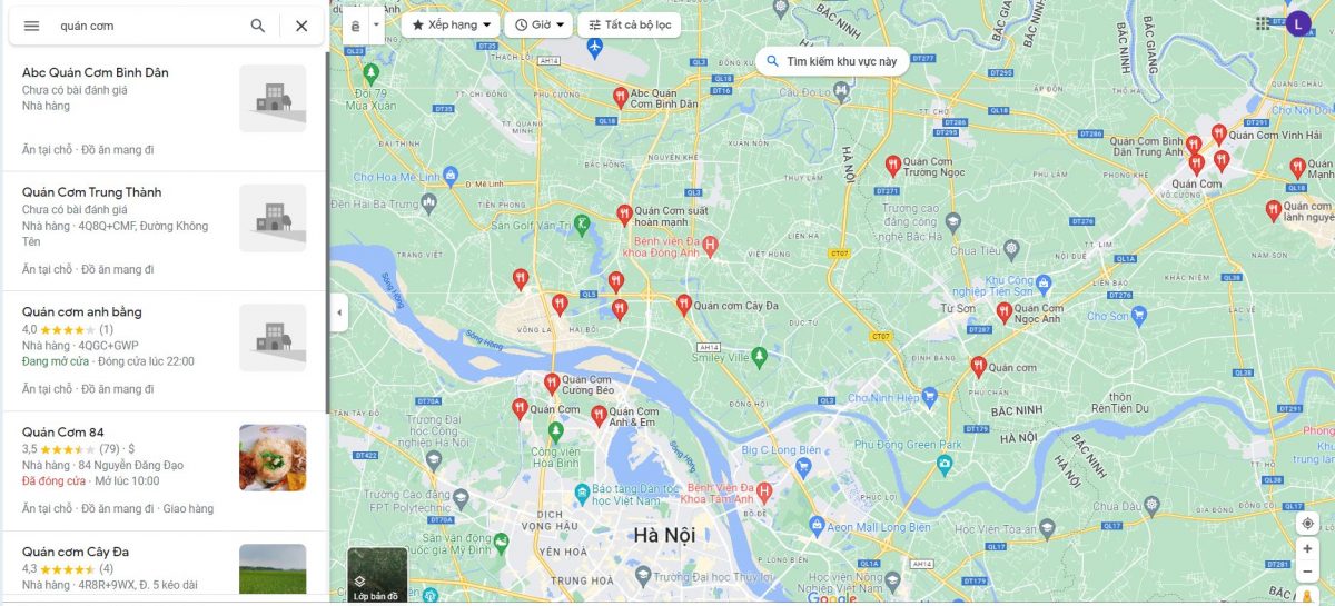 tìm kiếm với từ khóa quán cơm trên Google Maps