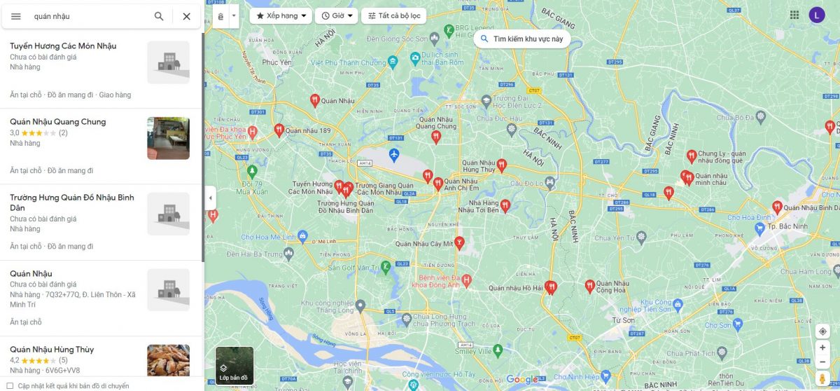 tìm kiếm với từ khóa quán nhậu trên Google Maps