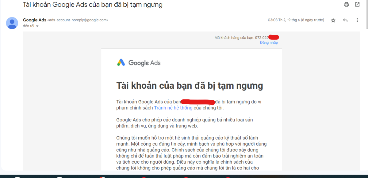 tài khoản Google Adwords bị tạm ngưng vì lỗi tránh né hệ thống